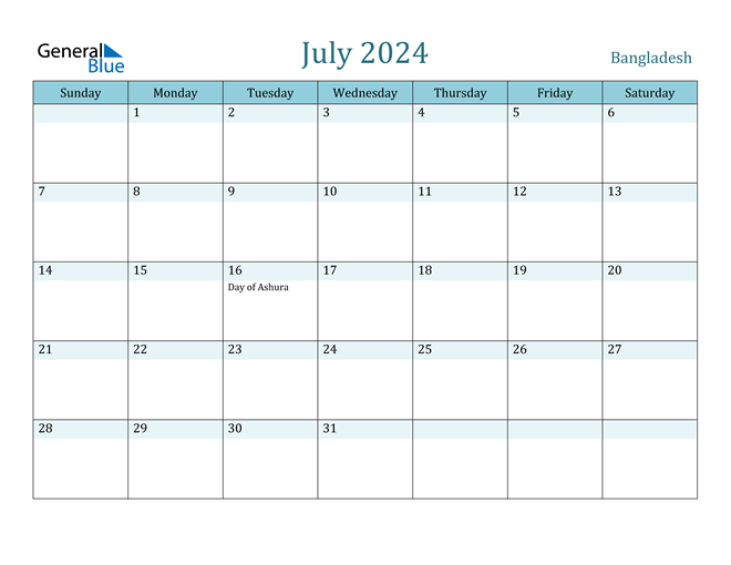 Bangladesh July 2024 Calendar with Holidays
