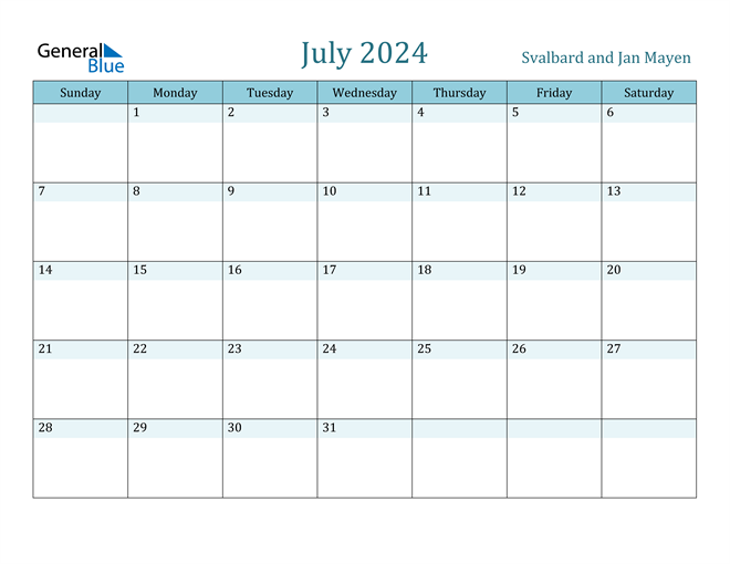 Svalbard and Jan Mayen July 2024 Calendar with Holidays