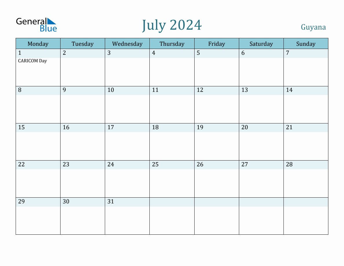 Guyana Holiday Calendar for July 2024