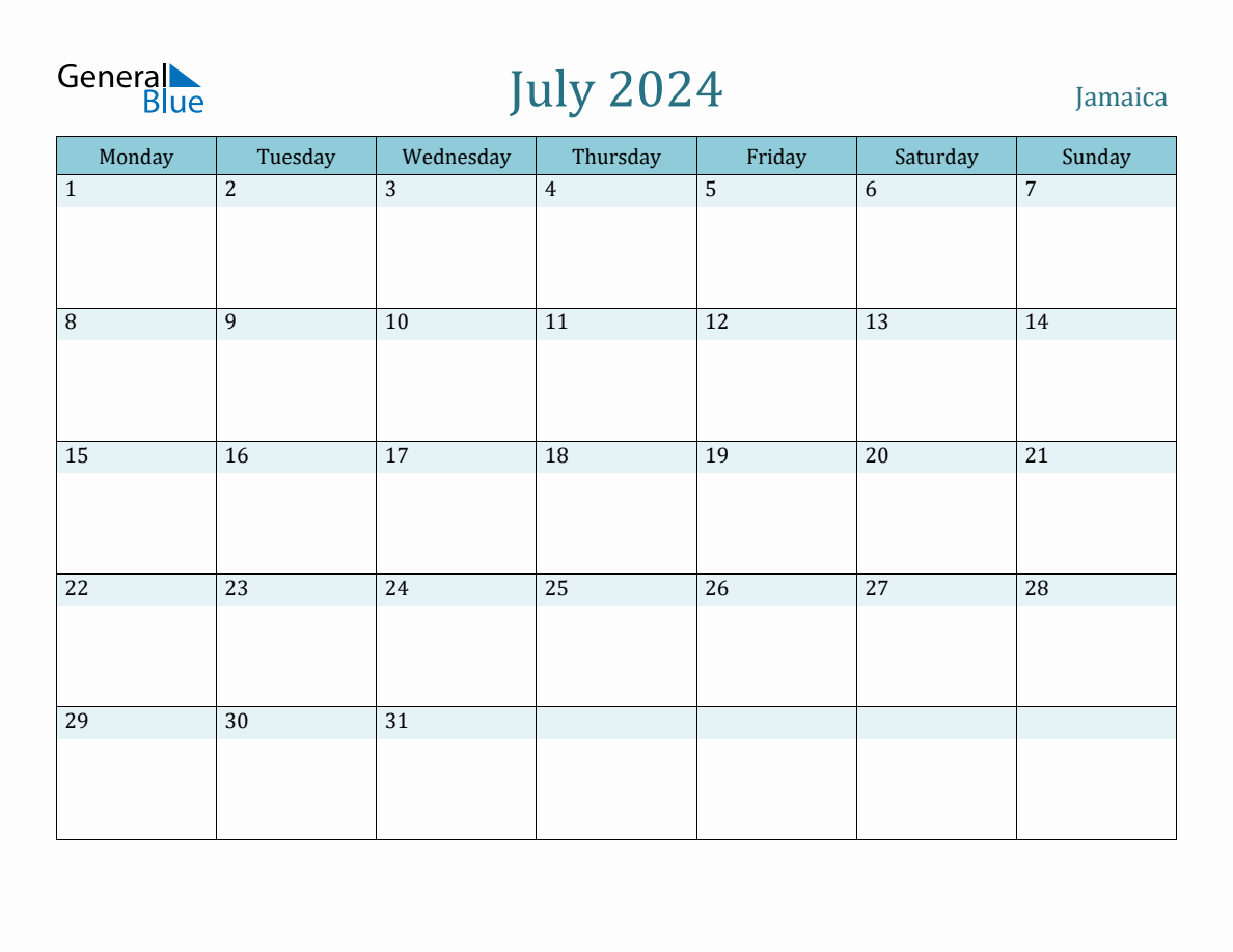 Jamaica Holiday Calendar for July 2024