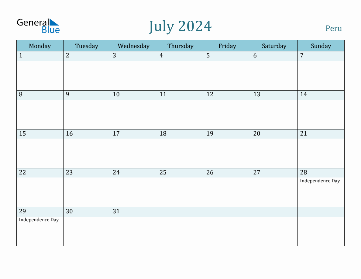 Peru Holiday Calendar for July 2024