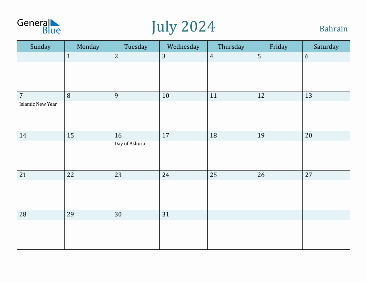 Bahrain Holiday Calendar for July 2024