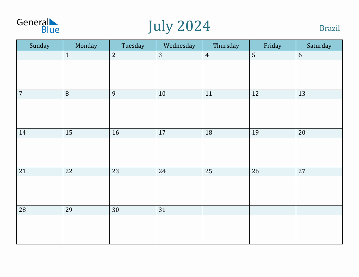 Brazil Holiday Calendar for July 2024
