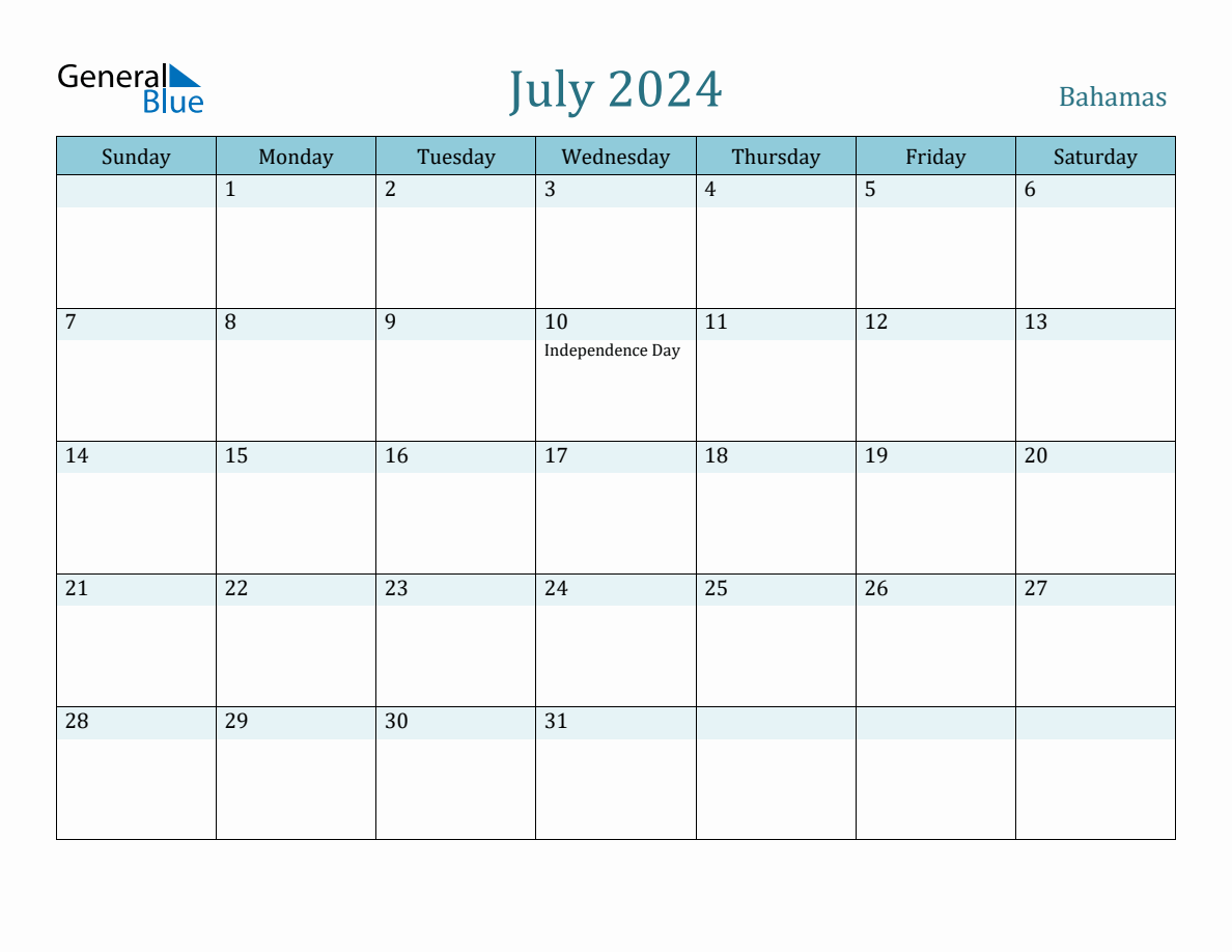 Bahamas Holiday Calendar for July 2024