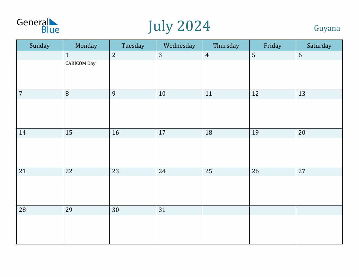 Guyana Holiday Calendar for July 2024