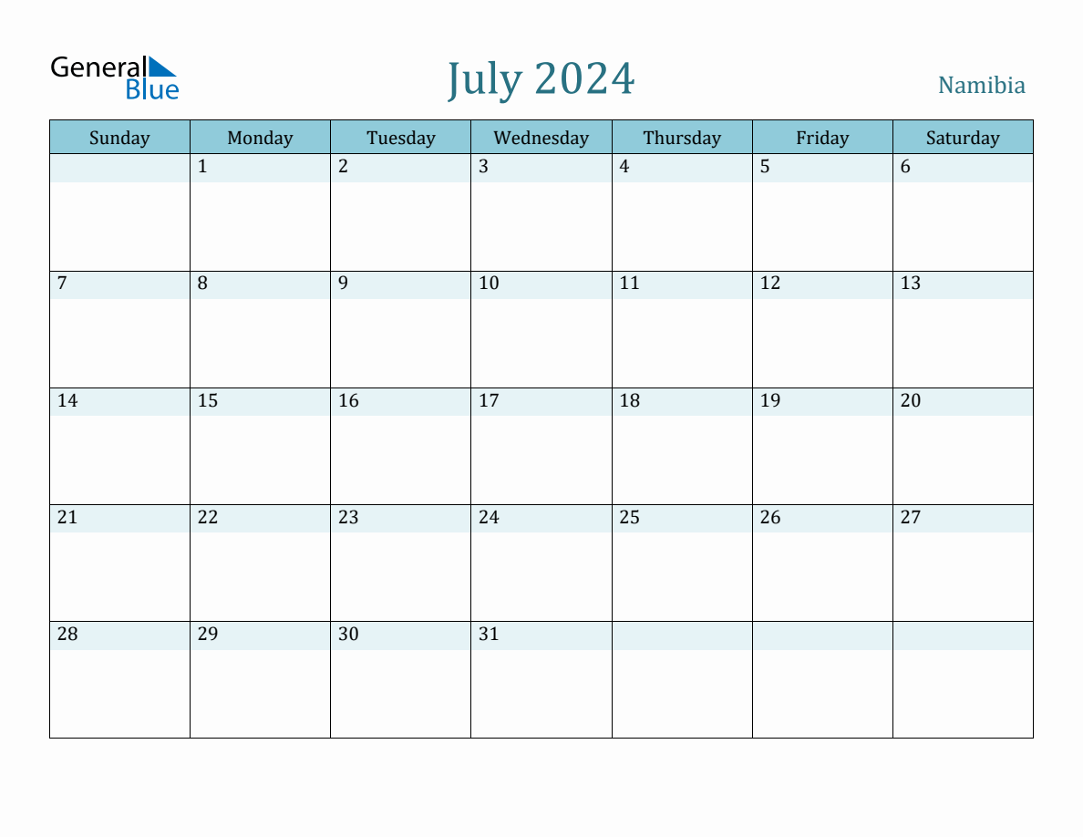 Namibia Holiday Calendar for July 2024