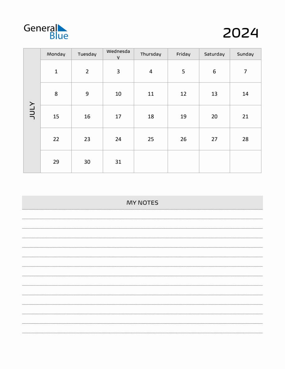 July 2024 Printable Monthly Calendar with Notes