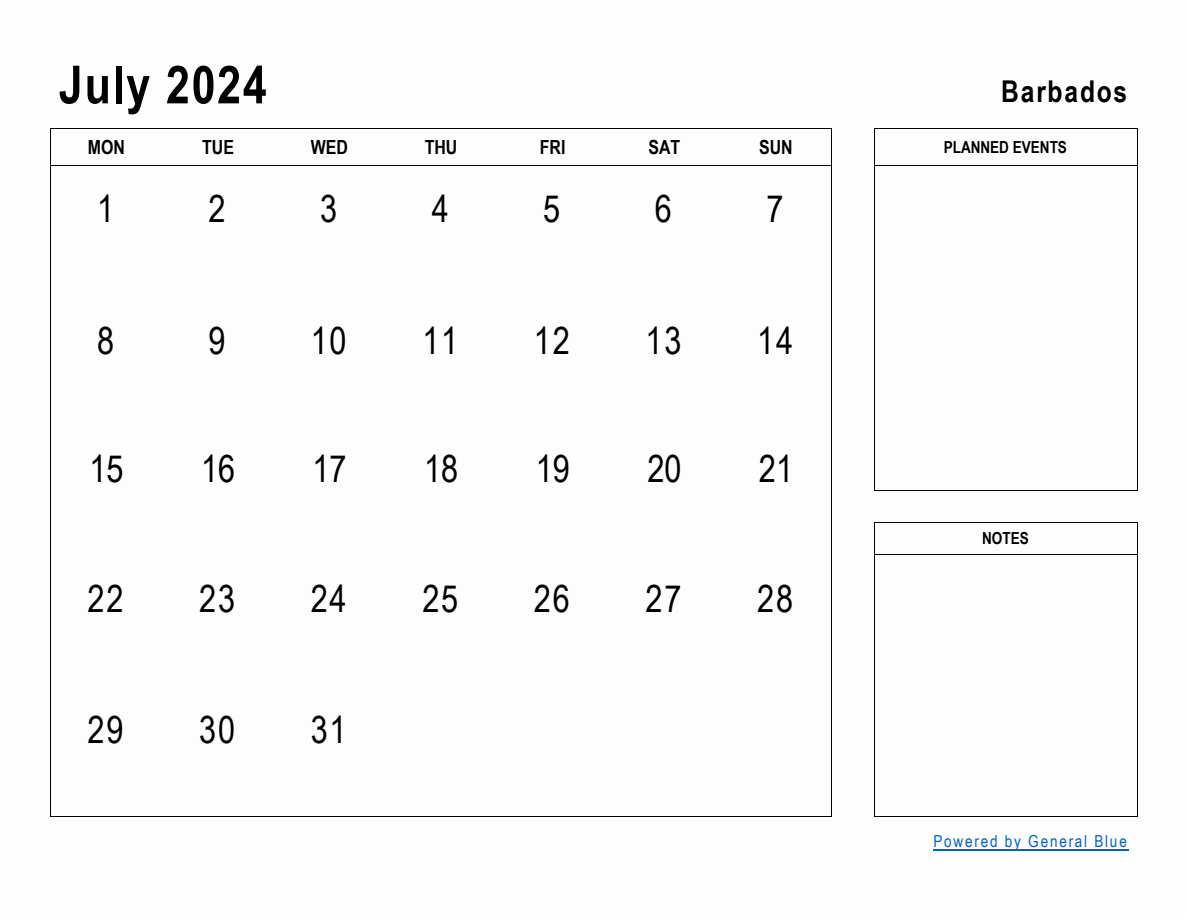 July 2024 Planner with Barbados Holidays