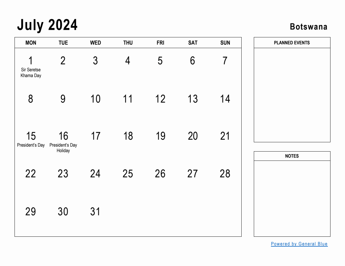 July 2024 Planner with Botswana Holidays