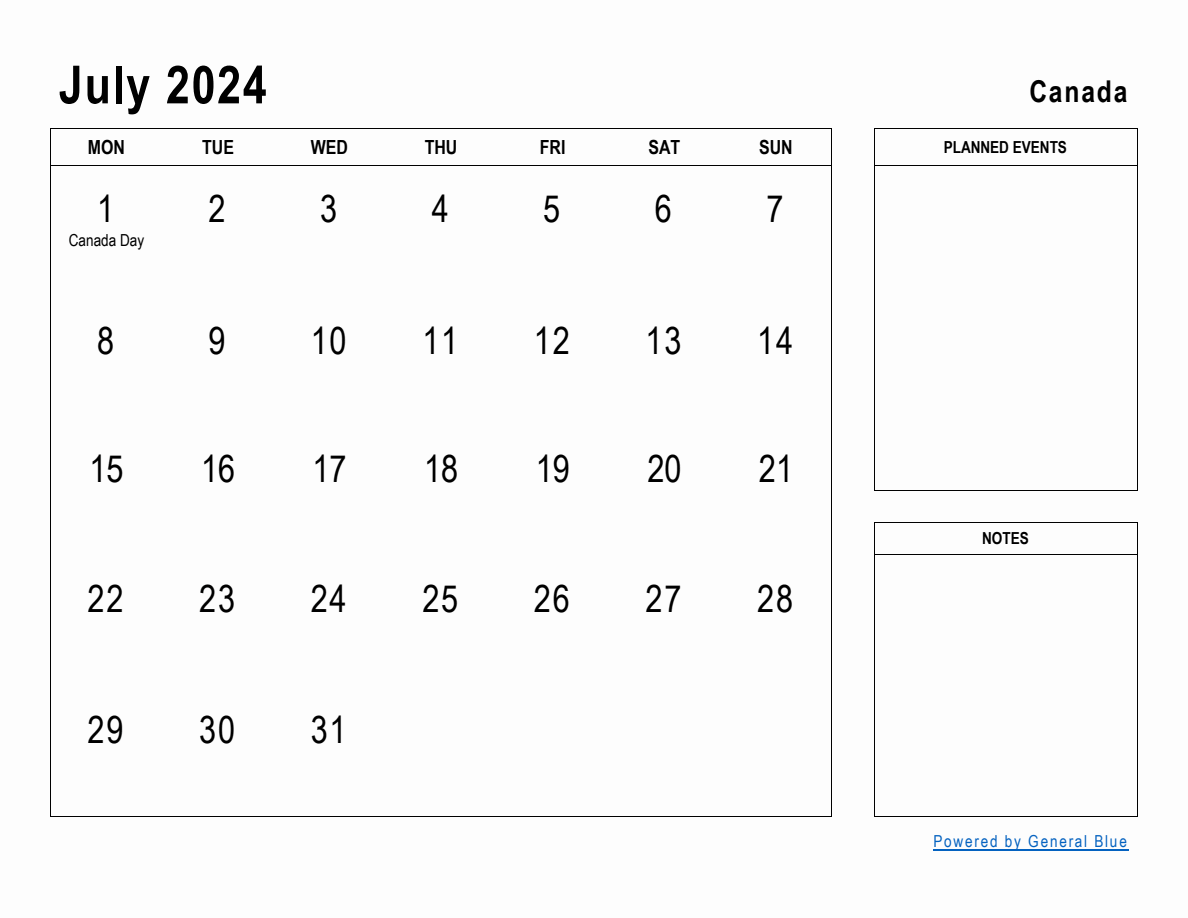 July 2024 Planner with Canada Holidays