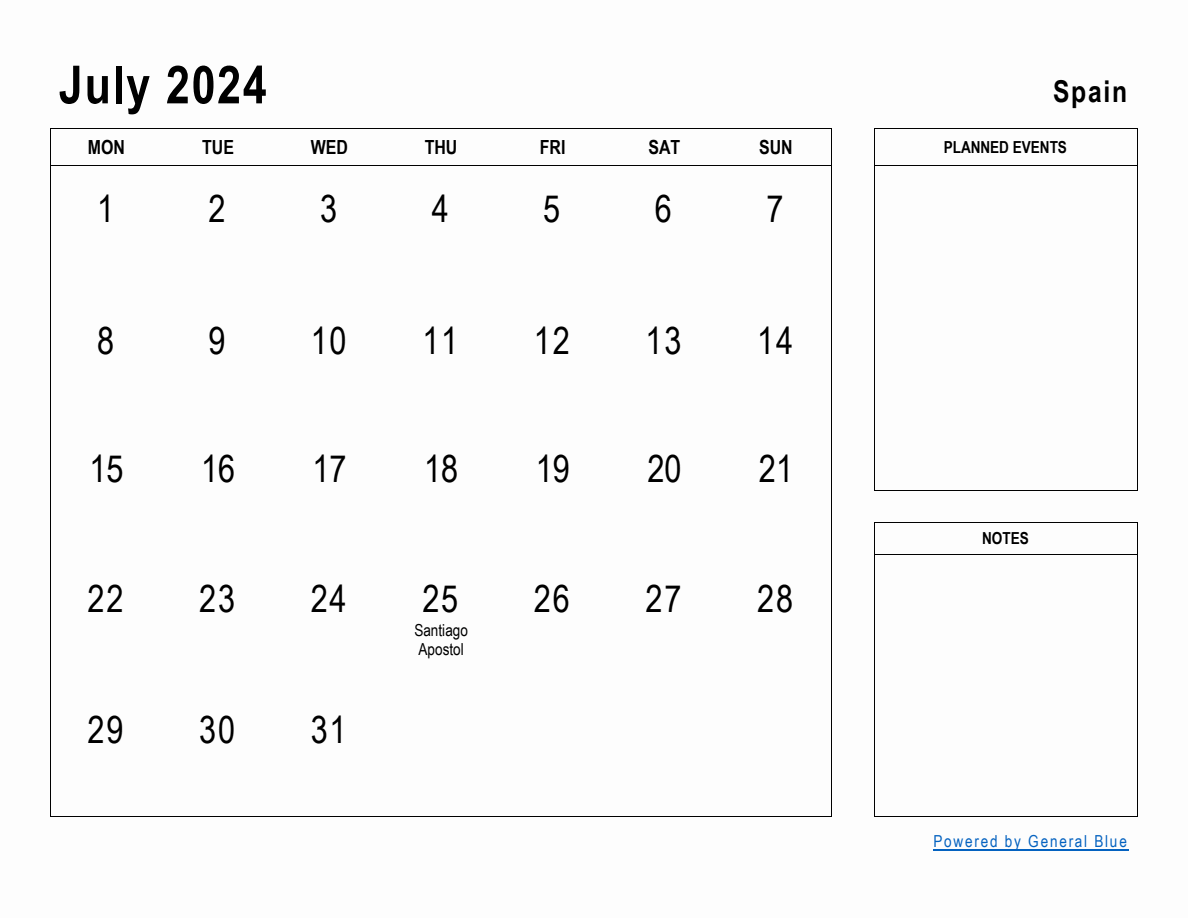 July 2024 Planner with Spain Holidays