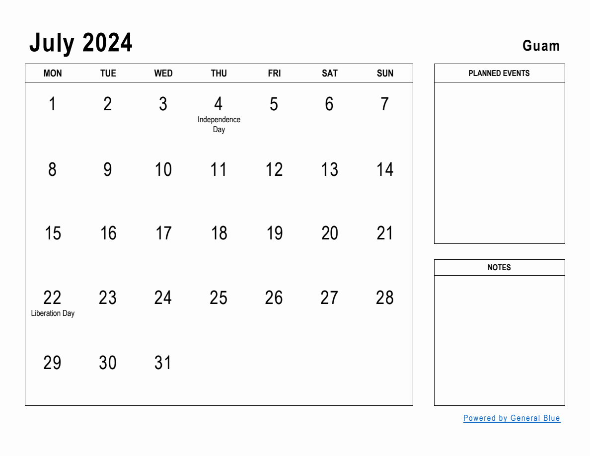 July 2024 Planner with Guam Holidays