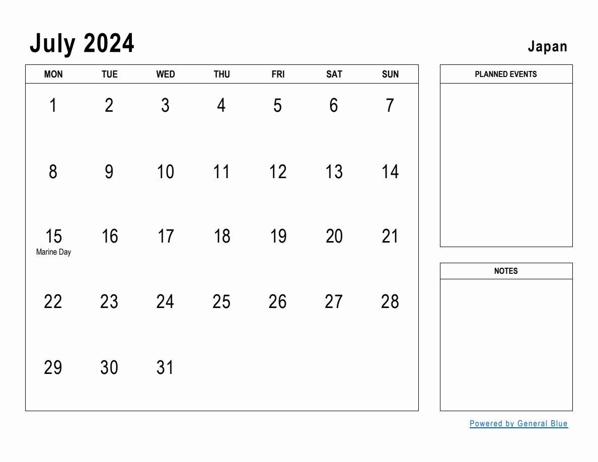 July 2024 Planner with Japan Holidays