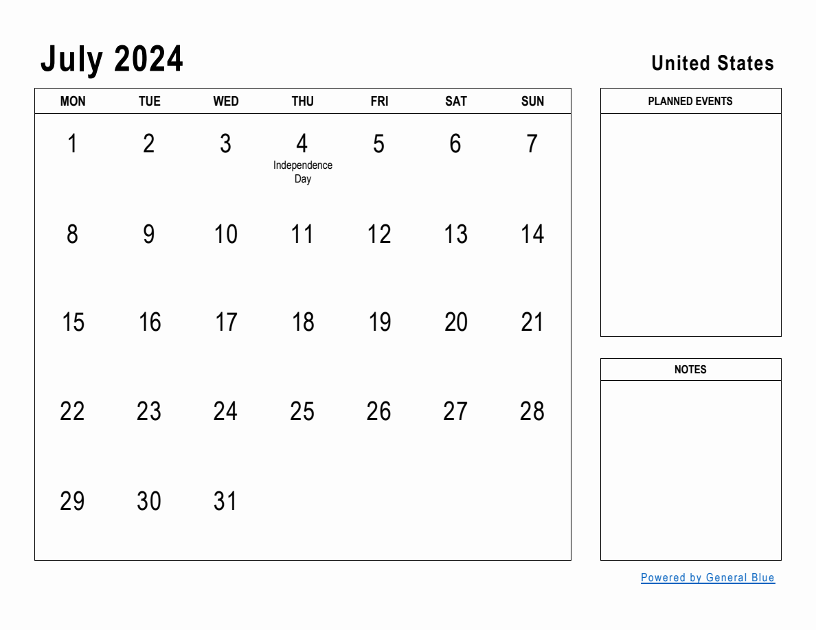 July 2024 Planner with United States Holidays