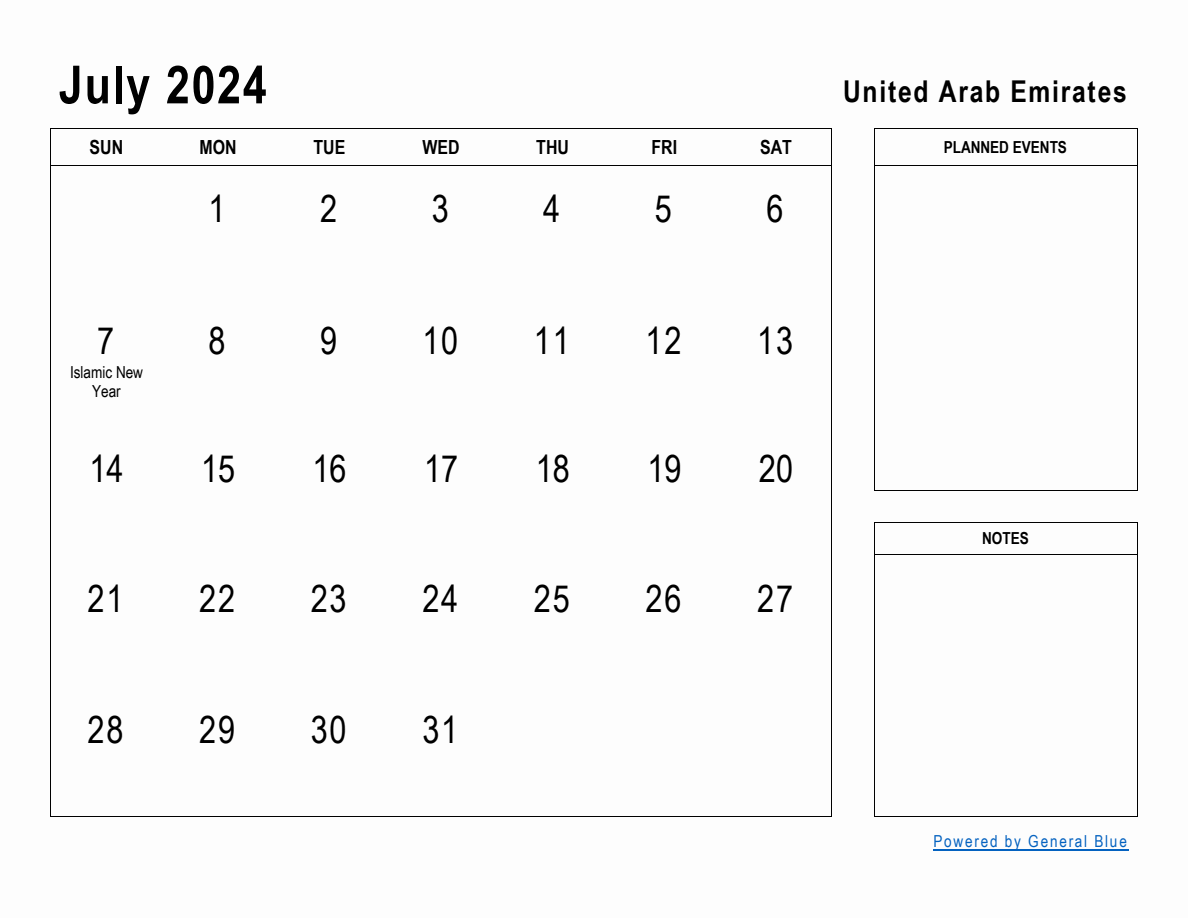 July 2024 Planner with United Arab Emirates Holidays