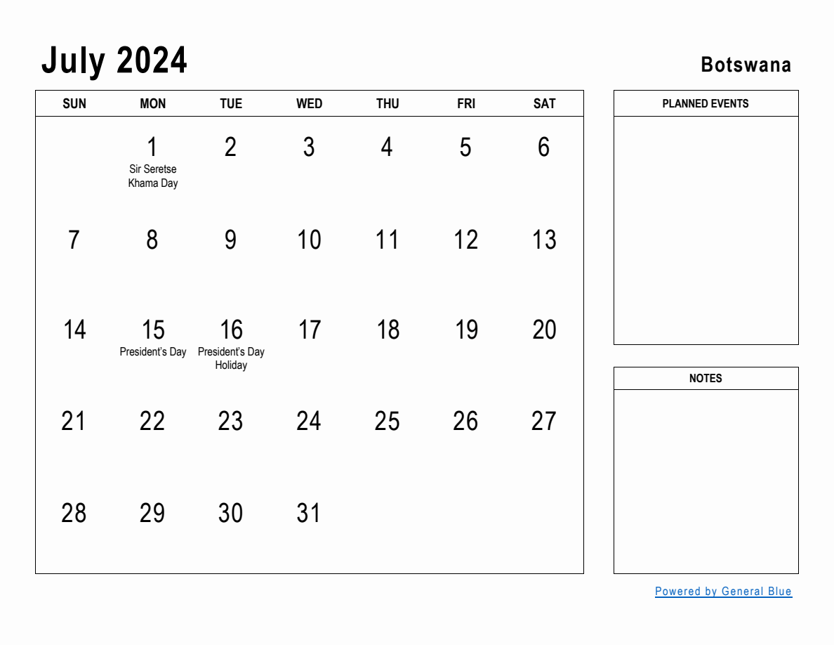 July 2024 Planner with Botswana Holidays