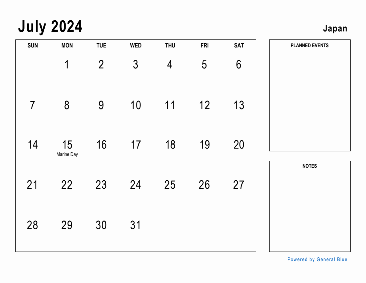 July 2024 Planner with Japan Holidays