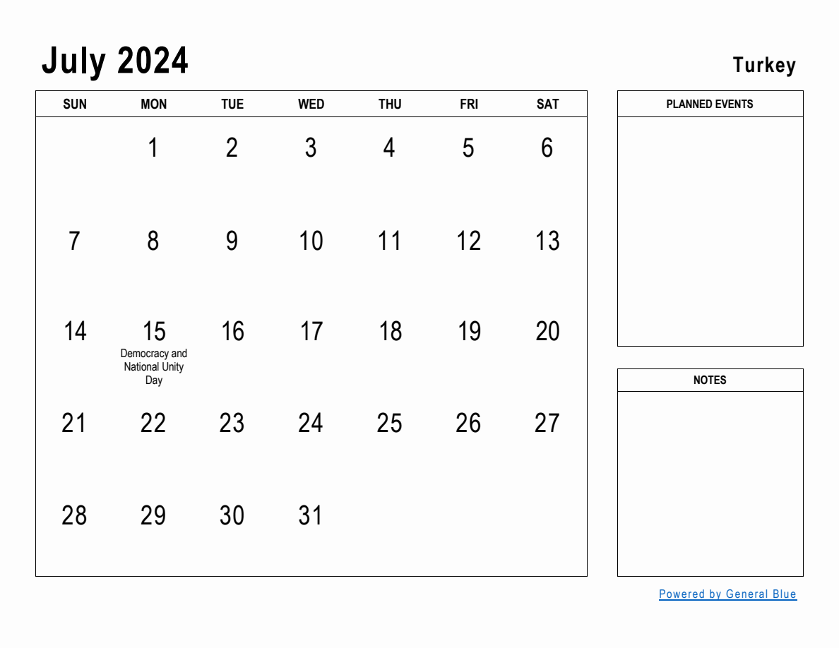 July 2024 Planner with Turkey Holidays