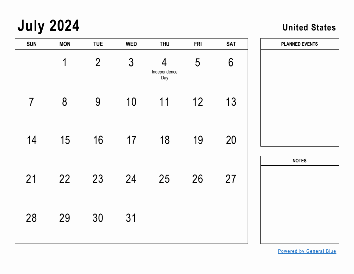 July 2024 Planner with United States Holidays