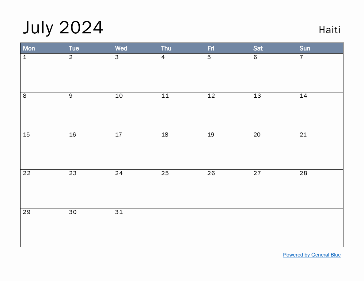 Free Monthly Calendar Template for July 2024 with Haiti Holidays