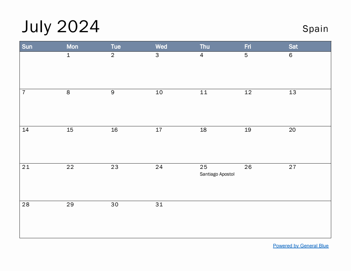 Free Monthly Calendar Template for July 2024 with Spain Holidays