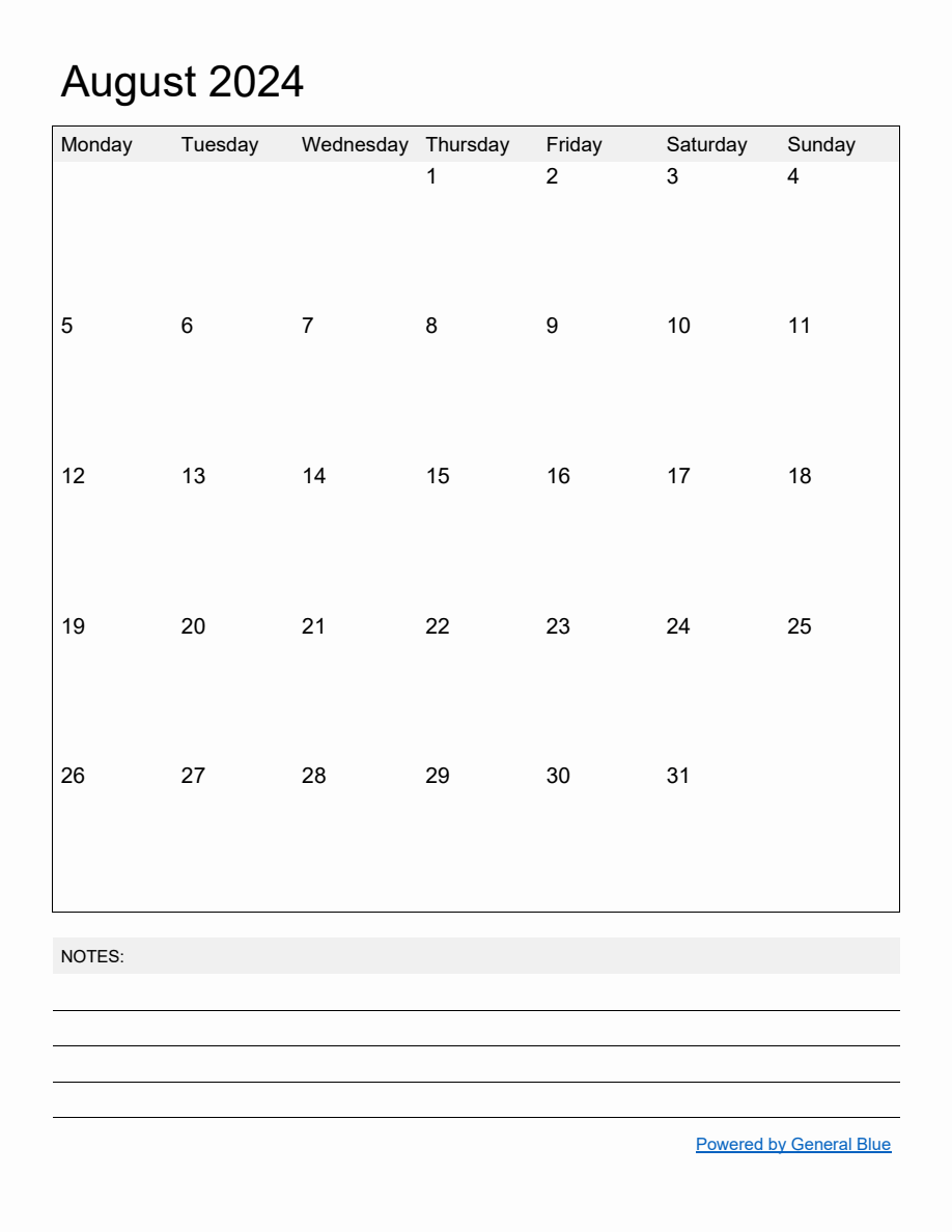 Free Printable Monthly Calendar for August 2024