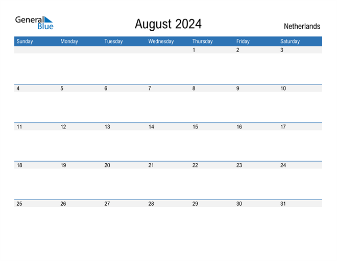 August 2024 Calendar with Netherlands Holidays