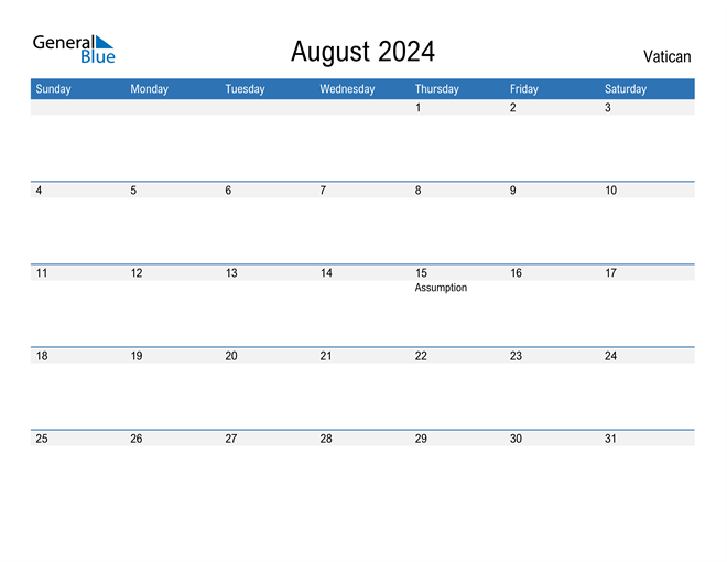 August 2024 Calendar with Vatican Holidays