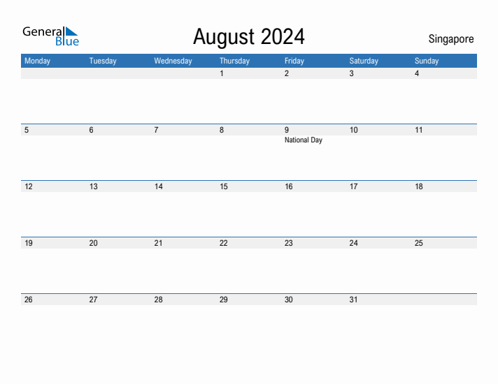 Editable August 2024 Calendar with Singapore Holidays