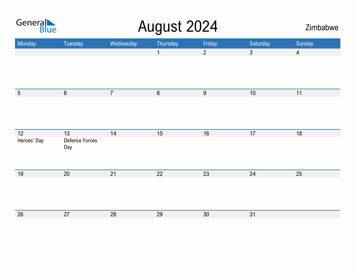 Editable August 2024 Calendar with Zimbabwe Holidays