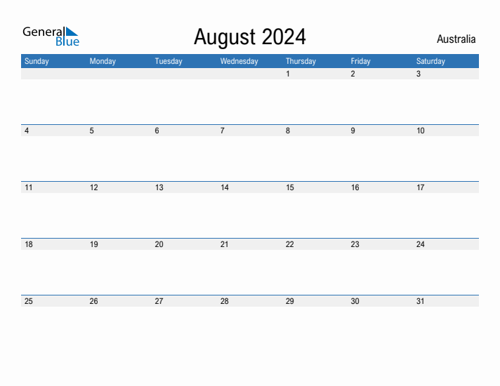 Editable August 2024 Calendar with Australia Holidays