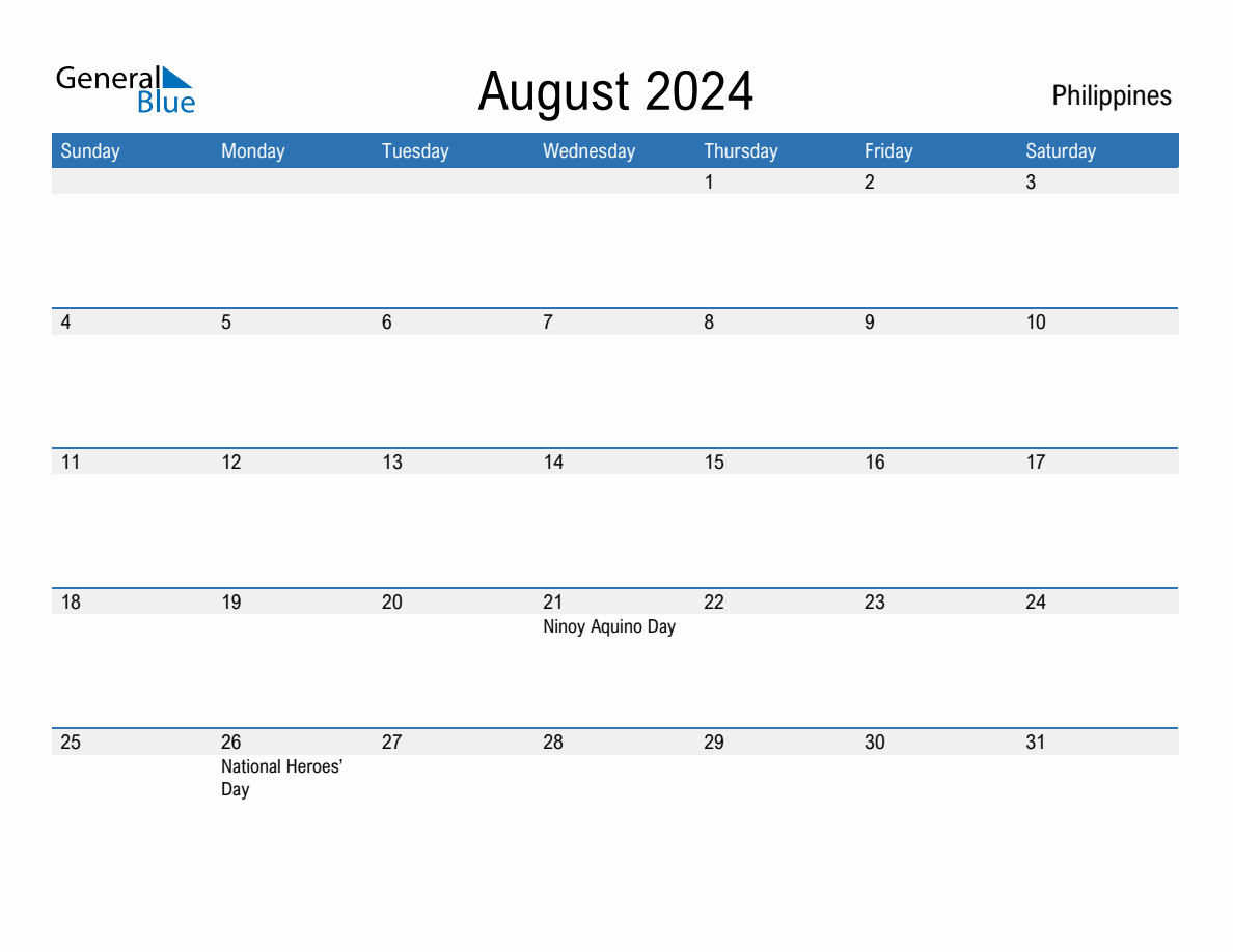 August 2024 Monthly Calendar with Philippines Holidays