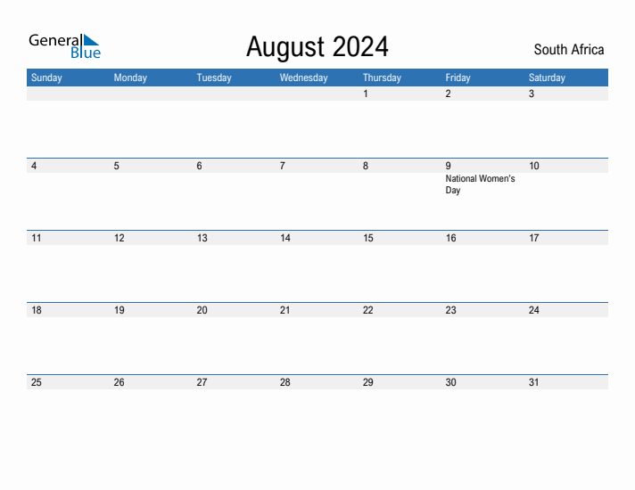 Editable August 2024 Calendar with South Africa Holidays