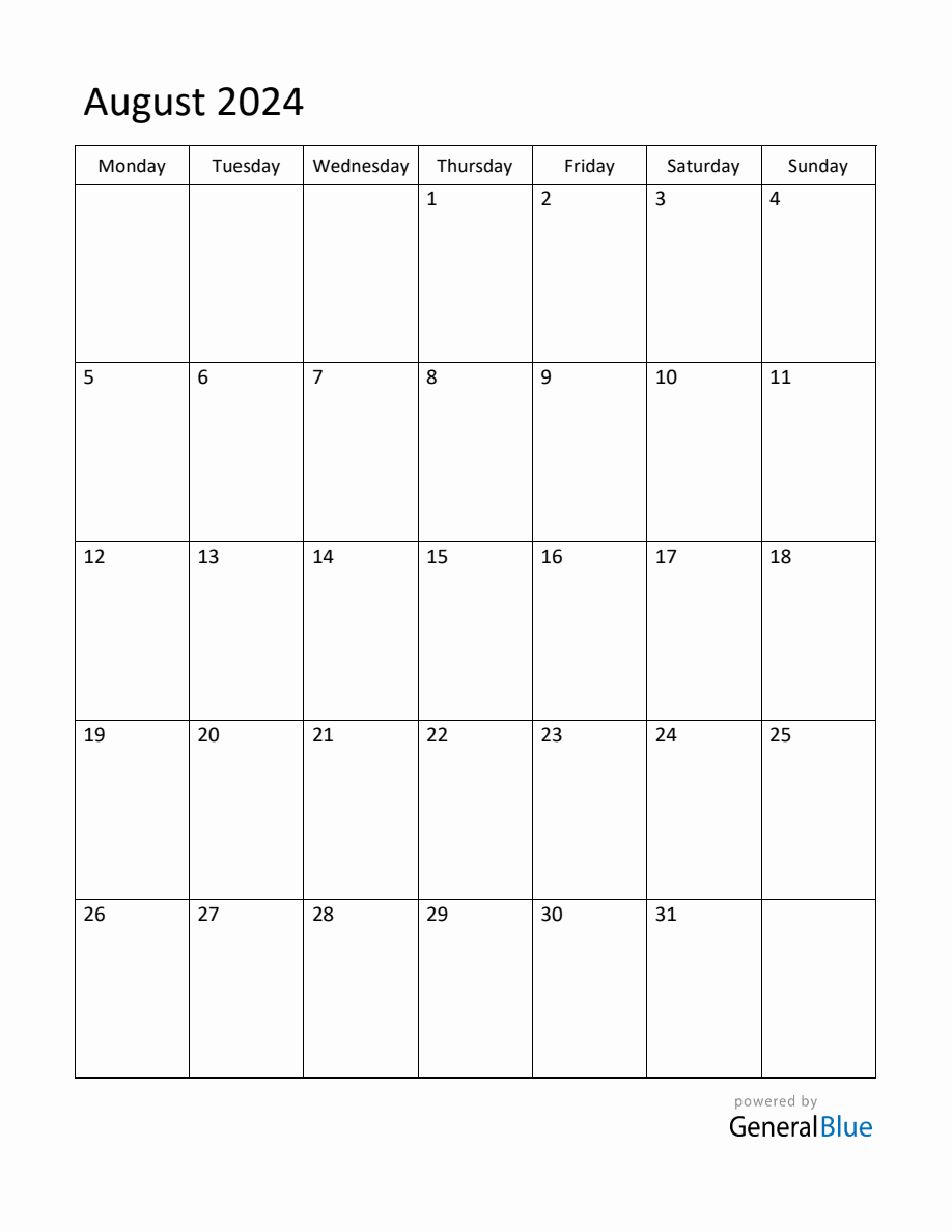 Editable August 2024 Monthly Calendar