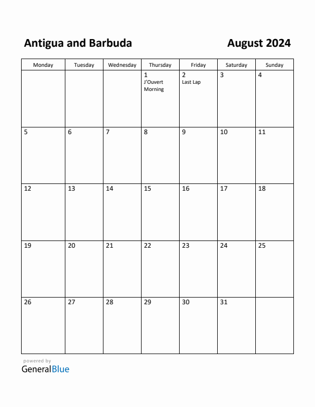 August 2024 Calendar with Antigua and Barbuda Holidays