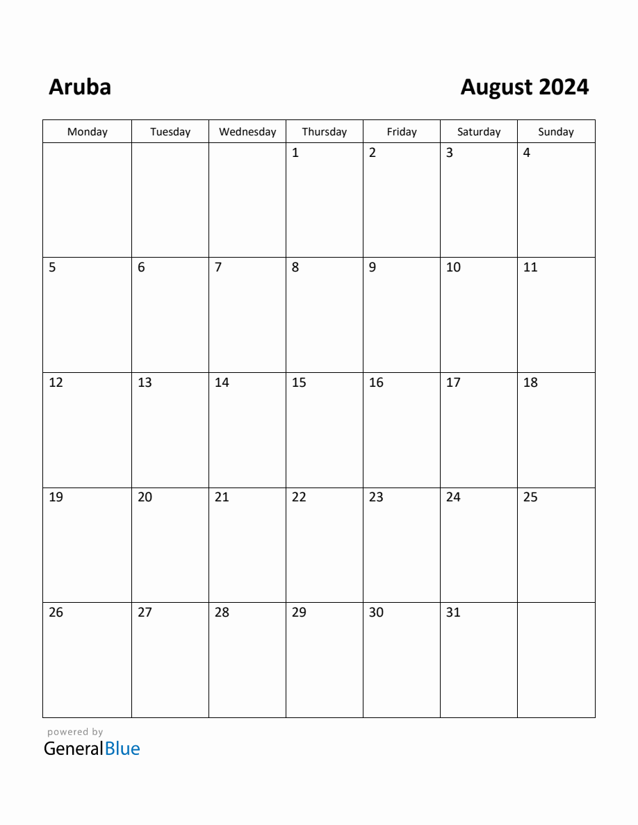 Free Printable August 2024 Calendar for Aruba