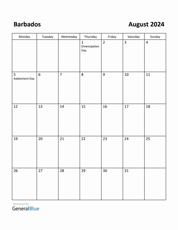 August 2024 Calendar with Barbados Holidays