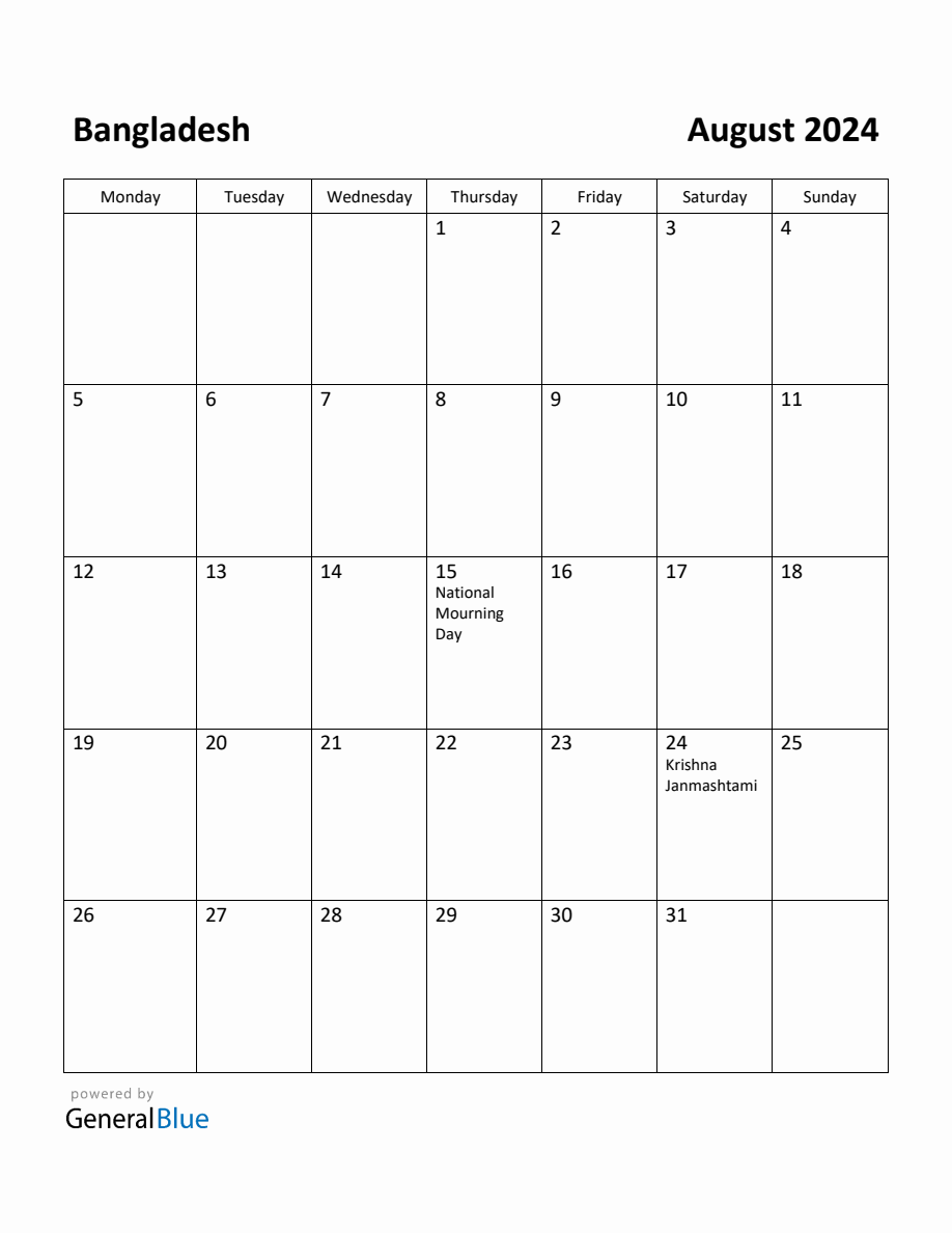 Free Printable August 2024 Calendar for Bangladesh