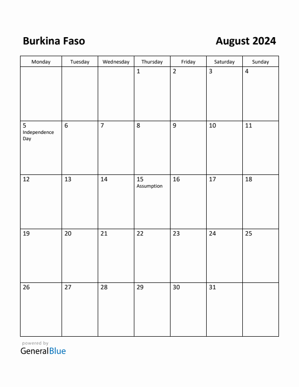 August 2024 Calendar with Burkina Faso Holidays