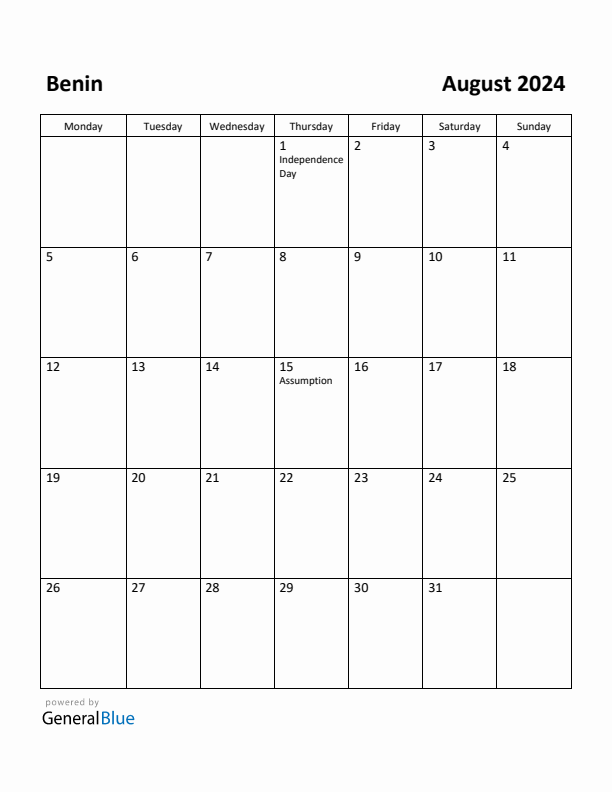 August 2024 Calendar with Benin Holidays