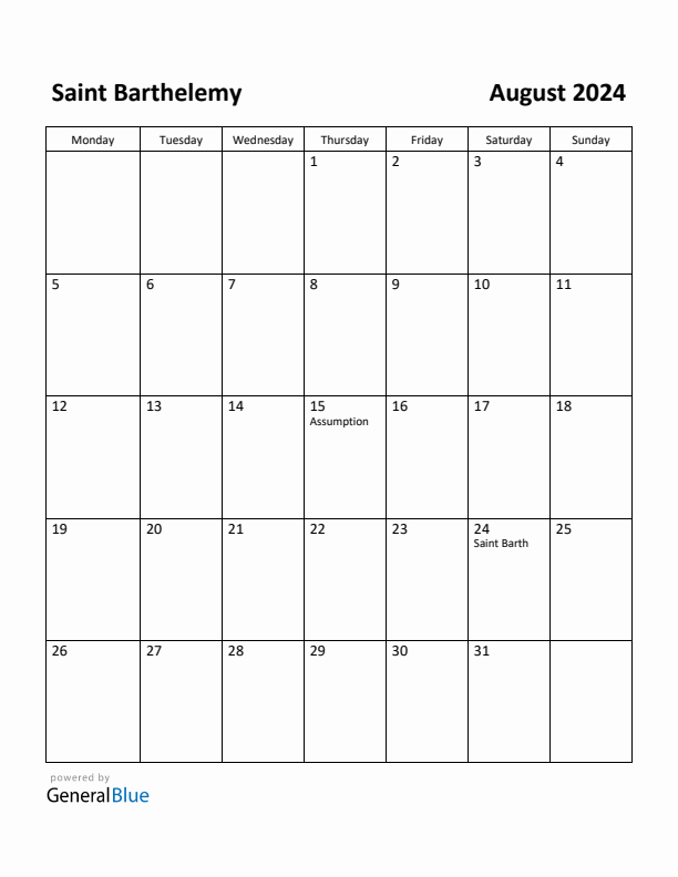 August 2024 Calendar with Saint Barthelemy Holidays