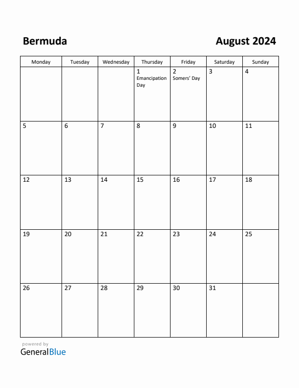 Free Printable August 2024 Calendar for Bermuda