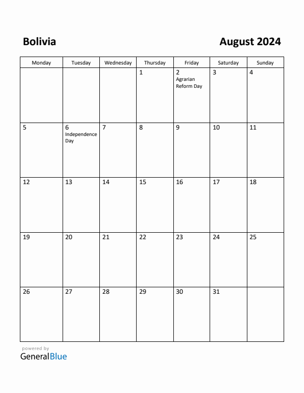 August 2024 Calendar with Bolivia Holidays