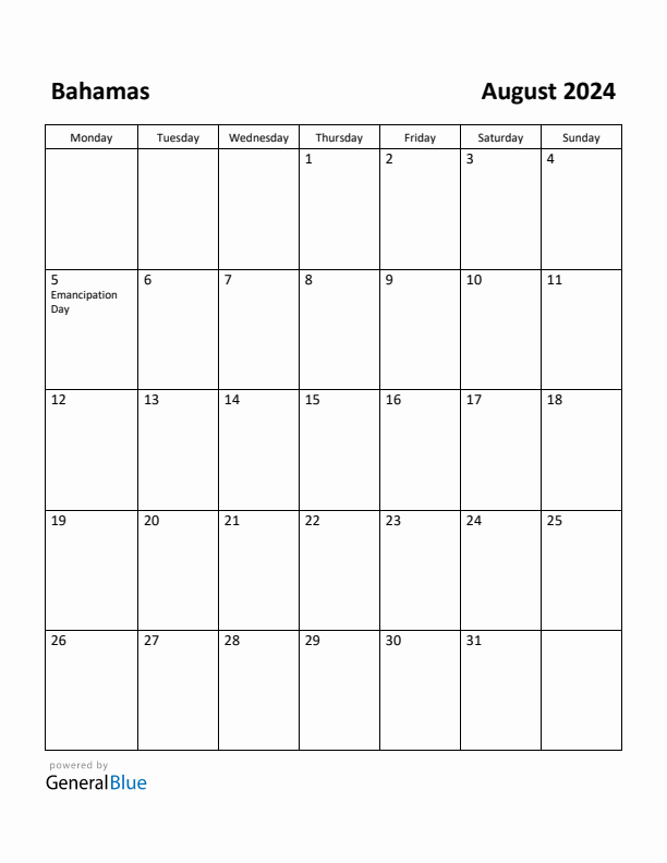 August 2024 Calendar with Bahamas Holidays