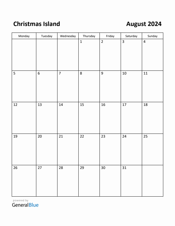 August 2024 Calendar with Christmas Island Holidays