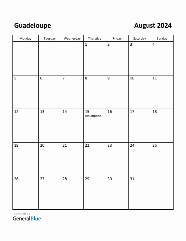 Free Printable August 2024 Calendar for Guadeloupe