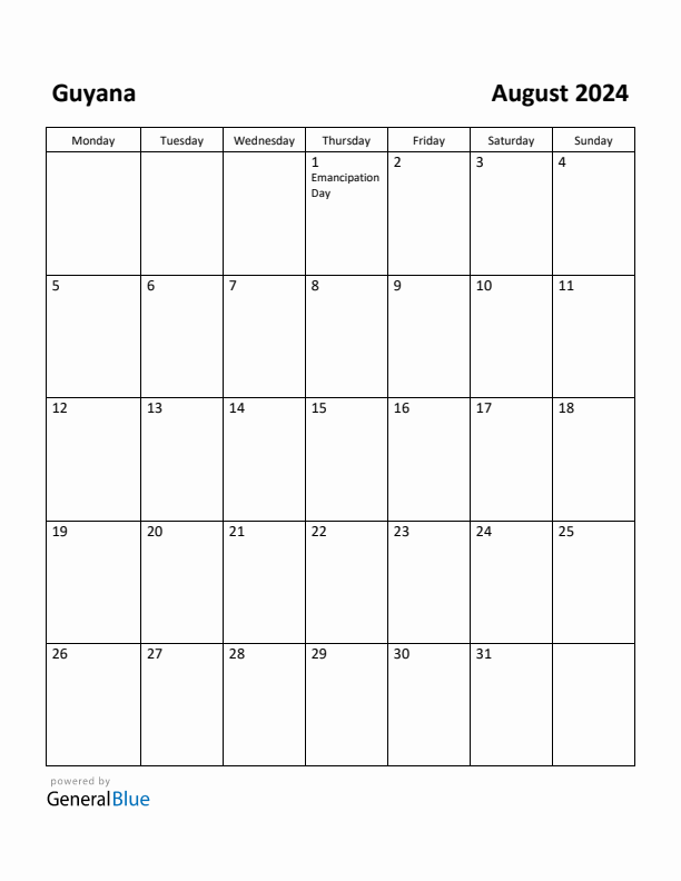 Free Printable August 2024 Calendar for Guyana