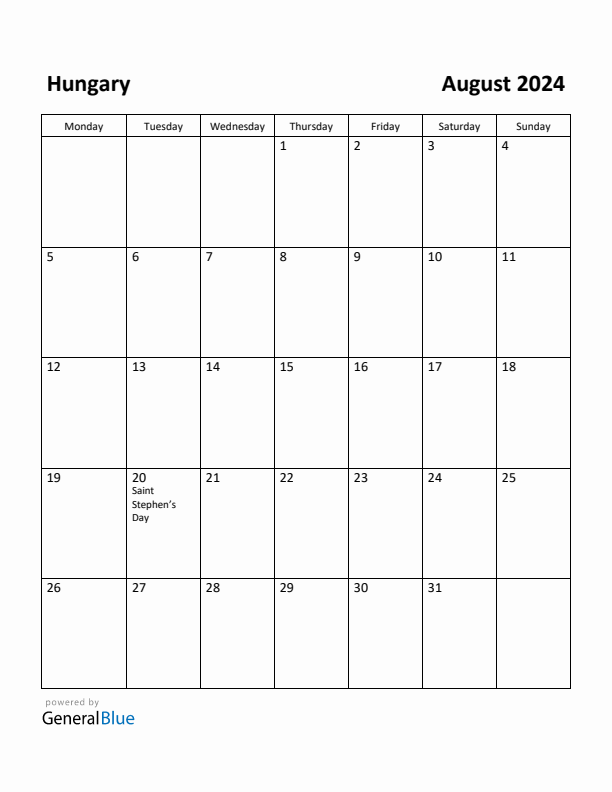 August 2024 Calendar with Hungary Holidays