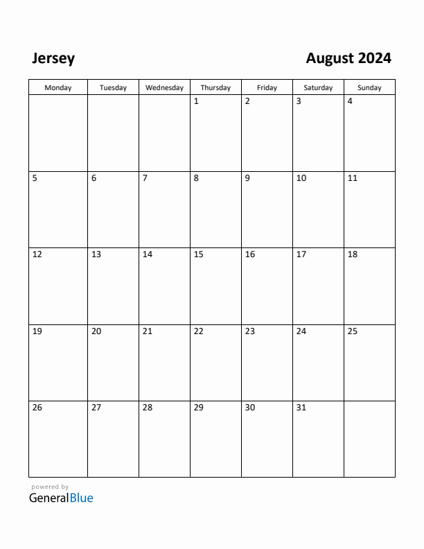 Free Printable August 2024 Calendar for Jersey