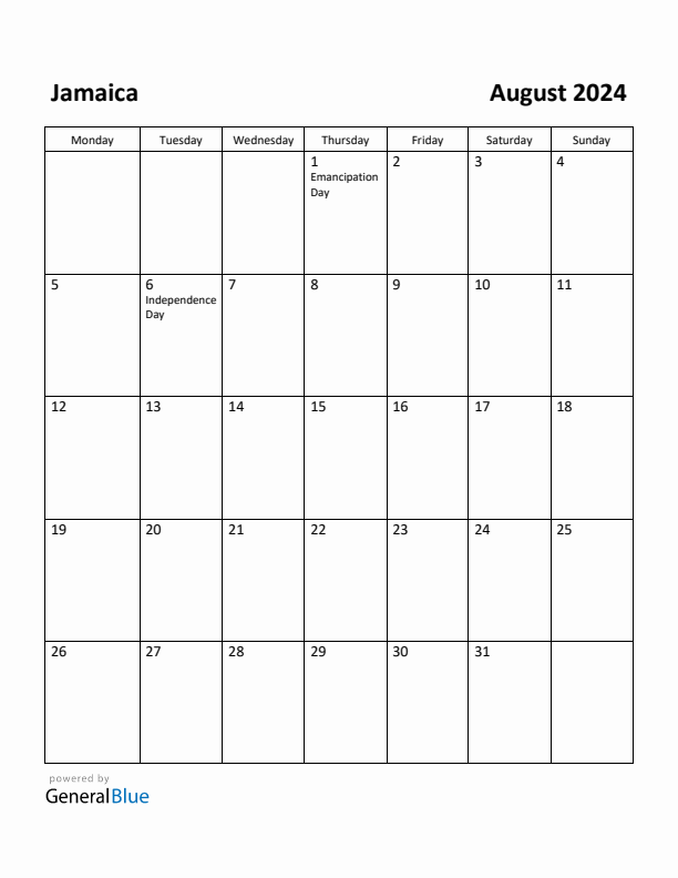 August 2024 Calendar with Jamaica Holidays